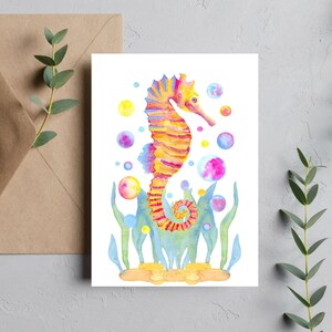 Tarjeta de cumpleaños en blanco con diseño de caballito de mar en acuarela para descargar digitalmente, descarga instantánea, tarjeta de felicitación para imprimir, para cualquier ocasión