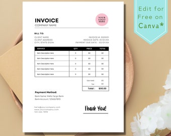 Minimalist Invoice Template Editable on Canva Instant Download Small Business Invoice Printable