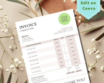 Rechnungsvorlage bearbeitbar auf Canva Sofortiger Download Small Business Invoice