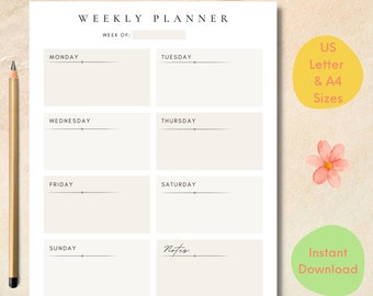 Druckbarer Wochenkalender minimalistisch ungefüttert Wochenplan Woche auf einen Blick Wochenplaner Büroplaner Schreibtisch-Planer A4/Letter