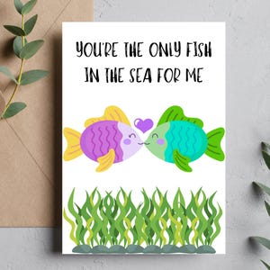 Feliz aniversário, apenas peixes no mar, cartão em branco, download digital e impressão, cartão de felicitações para impressão, peixe fofo, oceano, dia dos namorados