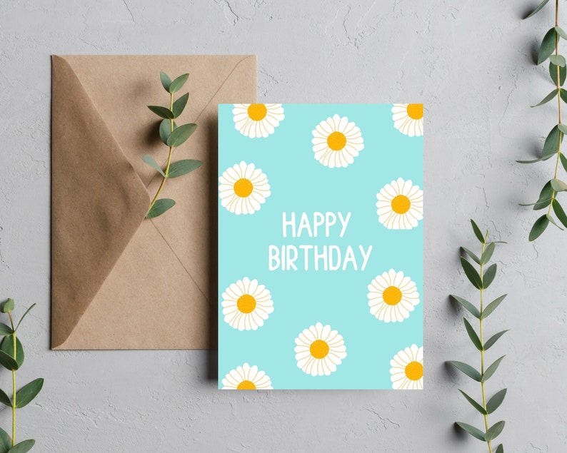 Daisy Floral Happy Birthday druckbare leere Karte digitaler Download druckbare Sofortiger Download Grußkarte für Sie Bild 1