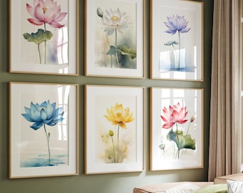 Lotus Flower Set of 6, Lotus Botanical Art Print, Lotus Flowers Wall Art, White Lotus Flower, Red, Pink, Blue, Purple, Yellow Lotus