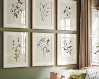 Vintage Botanical Sketch Prints, Botanical Prints, Giclee, Art Print, Vintage Botanical Art, Flower Art, Flower Sketch Art Prints Set of 6