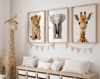 Baby Safari Nursery Decor Set of 3, Safari Nursery Print, Baby Animal Nursery Wall Art, Baby Shower Gift, Baby Animal Prints for Nursery