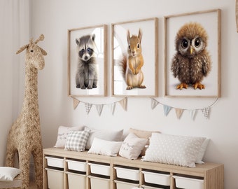 Baby Woodland Nursery Decor Set of 3, Woodland Nursery Print, Baby Animal Nursery Wall Art, Baby Shower Gift, Baby Animal Prints for Nursery