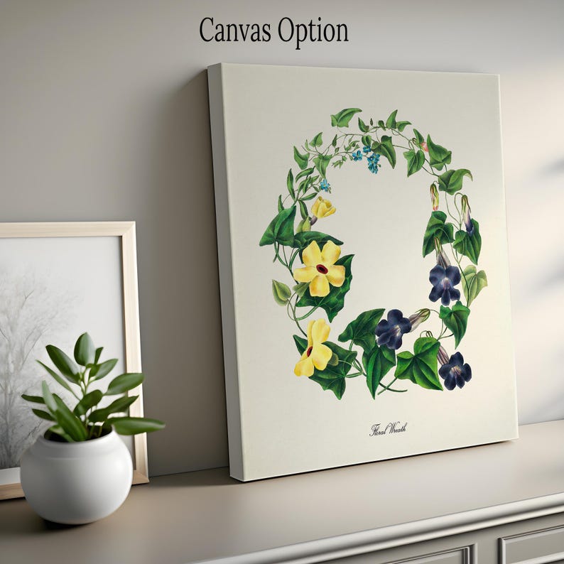 May include: A vintage botanical illustration of a floral wreath with yellow and blue flowers on a cream background. The text "Floral Wreath" is at the bottom of the image.
