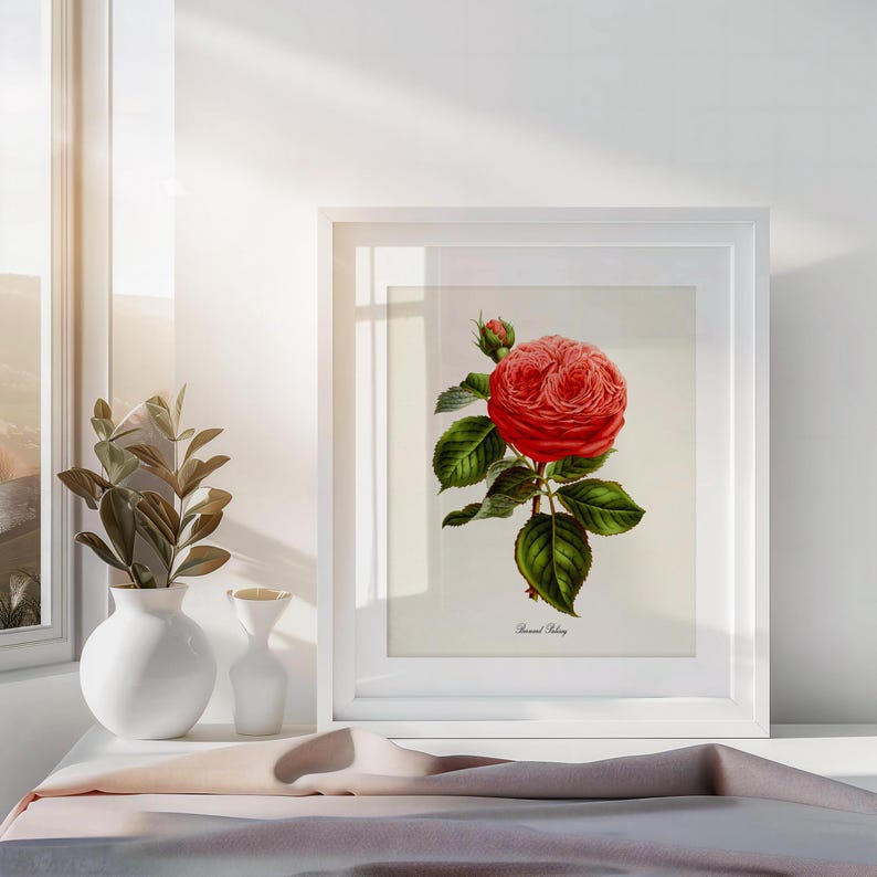 May include: A white framed print of a red rose with green leaves. The print is titled "Rosa Rubiginosa".