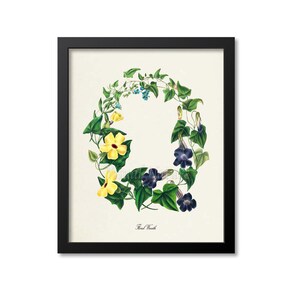 May include: A vintage botanical illustration of a floral wreath with yellow, blue, and green flowers. The wreath is surrounded by a white background and the text "Floral Wreath" is printed below the wreath.