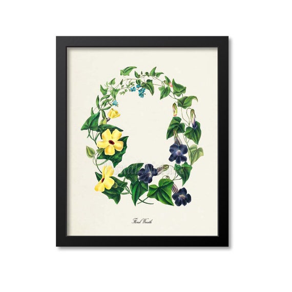 Floral Wreath Art Print, Botanical Art Print, Flower Wall Art, Flower Print, purple, yellow, Flower bouquet