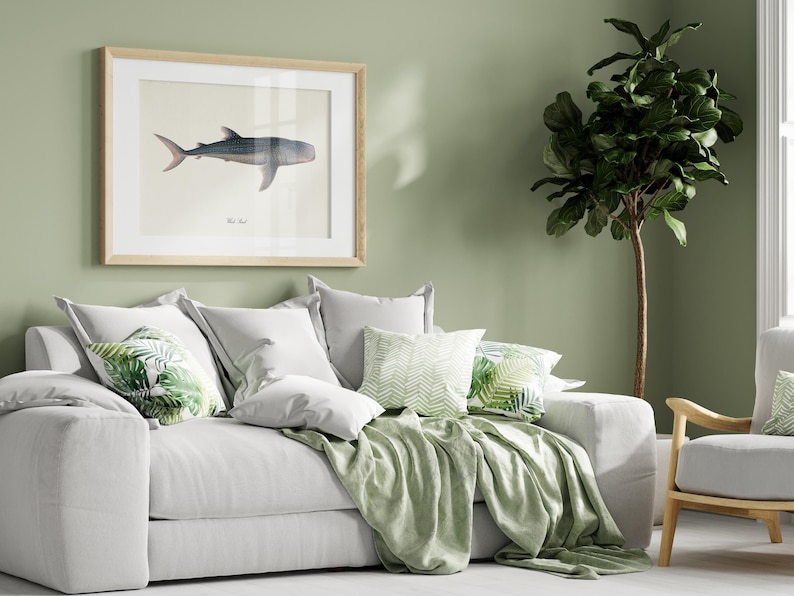 Pu&ograve; includere: Un divano bianco con cuscini e una coperta verde. Il divano &egrave; di fronte a un muro verde salvia con una stampa incorniciata di uno squalo. Una pianta verde frondosa si trova nell'angolo della stanza.
