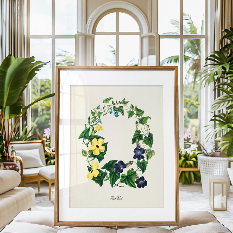 May include: A vintage botanical illustration of a floral wreath with yellow and blue flowers. The wreath is surrounded by green leaves and vines. The text "Tweed Wreath" is printed below the wreath.