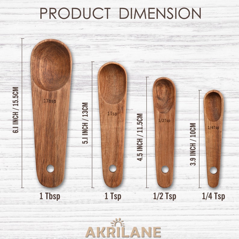 May include: Four wooden measuring spoons with different sizes: 1 tablespoon, 1 teaspoon, 1/2 teaspoon, and 1/4 teaspoon. The spoons are labeled with their measurements and are arranged in order of size from largest to smallest. The spoons are made of natural wood and have a smooth, polished finish.