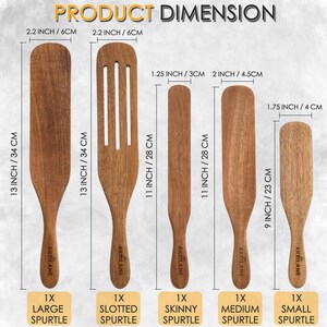 May include: Five wooden spatulas of different sizes, labeled "Large Spurtle", "Slotted Spurtle", "Skinny Spurtle", "Medium Spurtle", and "Small Spurtle". The spatulas are all made of natural wood and have a smooth finish. The spatulas are all 11 inches long, except for the large spurtle, which is 13 inches long. The spatulas are all 2.2 inches wide, except for the small spurtle, which is 1.75 inches wide.