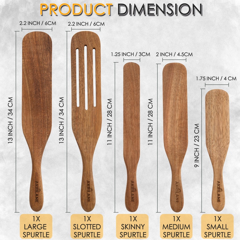 May include: Five wooden spatulas of different sizes, labeled "Large Spurtle", "Slotted Spurtle", "Skinny Spurtle", "Medium Spurtle", and "Small Spurtle". The spatulas are all made of natural wood and have a smooth finish. The spatulas are all 11 inches long, except for the large spurtle, which is 13 inches long. The spatulas are all 2.2 inches wide, except for the small spurtle, which is 1.75 inches wide.