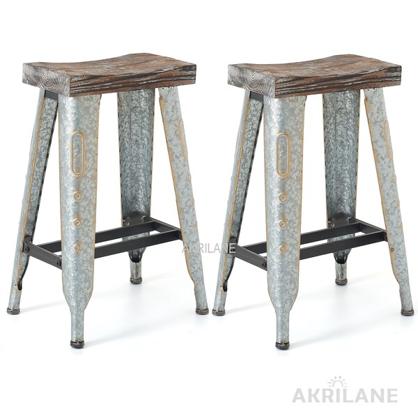 Metal Counter Height Stools Set of 2 Counter Height 23.5" Vintage Style Rustic Looking French Nordic Stools Wooden Seat Metal Steel Frame