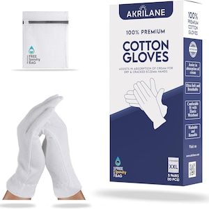May include: A package of 100% premium cotton gloves, designed to assist in the absorption of cream for dry and cracked eczema hands. The package includes 5 pairs of gloves in an extra-large size. The gloves are ultra-soft, breathable, washable, and reusable. The package also includes a free laundry bag.