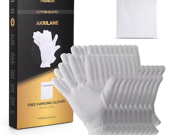 May include: A set of 10 pairs (20 pieces) of white cotton gloves, packaged in a box with the text "100% Premium Cotton Gloves Akrilene" and "Free Hanging Gloves Wash Bag".