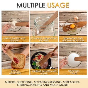 May include: A set of six wooden kitchen utensils, including a spatula, spoon, and a slotted spoon. The utensils are shown being used for various tasks, such as mixing batter, scraping jars, separating eggs, spreading butter, stirring sauces, and frosting cakes. The text "MULTIPLE USAGE" is displayed at the top of the image.