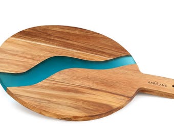AKRILANE Cheese Board With Handle | Handmade Resin Cutting Board With Blue Crystal Resin River | Natural Acacia Wood Luxury Charcuterie