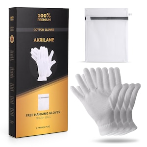 May include: Four pairs of white cotton gloves with a black and gold box that says "100% Premium Cotton Gloves Akrilene" and "Free Hanging Gloves Wash Bag 2 Pairs (4 Pcs)".