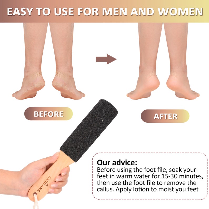 May include: Before and after image of feet using a black and gray foot file with a wooden handle. The text "Our advice: Before using the foot file, soak your feet in warm water for 15-30 minutes, then use the foot file to remove the callus. Apply lotion to moist you feet" is visible in the image.