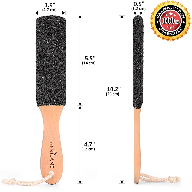 May include: A wooden foot file with a black pumice stone surface. The file is 10.2 inches long and has a 4.7 inch handle. The handle is labeled "AKRILANE".