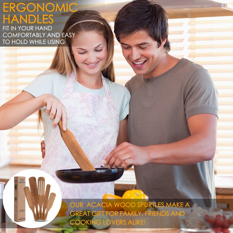 May include: A set of five wooden kitchen utensils with ergonomic handles. The utensils are made of acacia wood and are perfect for cooking and serving. The utensils are displayed on a white background with a text overlay that reads "Our acacia wood spurtles make a great gift for family, friends and cooking lovers alike!"