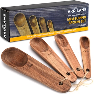 Wooden Measuring Spoons Set Kitchen Utensil Set Tools | Premium Acacia Wooden Spoon Kitchen Utensils | Engraved Accurate Spoons | Set of 4