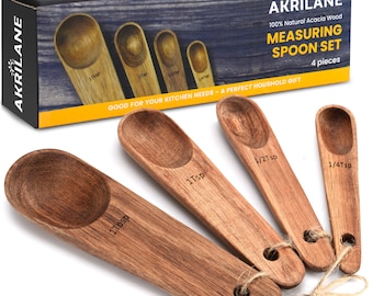 Wooden Measuring Spoons Set Kitchen Utensil Set Tools | Premium Acacia Wooden Spoon Kitchen Utensils | Engraved Accurate Spoons | Set of 4