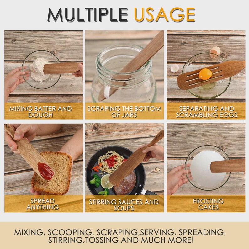 Op de afbeelding: Een collage die de vele toepassingen van houten keukengerei laat zien. De afbeelding bevat de tekst "MULTIPLE USAGE" en "MIXING, SCOOPING, SCRAPING, SERVING, SPREADING, STIRRING, TOSSING AND MUCH MORE!"