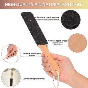 May include: A wooden foot file with a black pumice stone surface. The file has a rope handle and a hanging loop. The text "HIGH QUALITY ALL NATURAL FOOT FILE" is at the top of the image. The text "All natural pumice stone environmentally friendly, durable" is next to the file. The text "Strudy & non-slippery handle" is below the file. The text "Convenient placement" is below the file. The text "Natural beech wood Super durable Clear texture" is next to the file.
