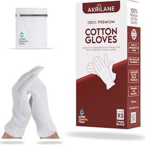 May include: A set of 10 white cotton gloves, packaged in a red box with the text "100% Premium Cotton Gloves" and "Akrilene" on the front. The gloves are designed to assist in the absorption of cream for dry and cracked eczema hands. The box also includes a free laundry bag.