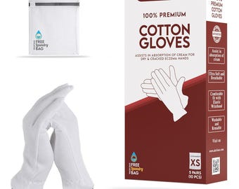May include: A set of 10 white cotton gloves, packaged in a red box with the text "100% Premium Cotton Gloves" and "Akrilene" on the front. The gloves are designed to assist in the absorption of cream for dry and cracked eczema hands. The box also includes a free laundry bag.