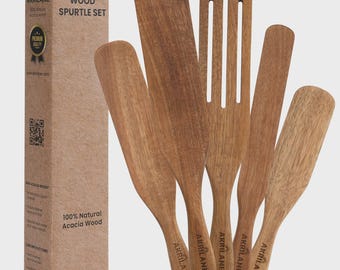 Personalized Wooden Spurtle Set – 100% Acacia Wood Utensils | Non-Stick & Heat Resistant Kitchen Tools | Akrilane Handmade Wooden Spoon Set