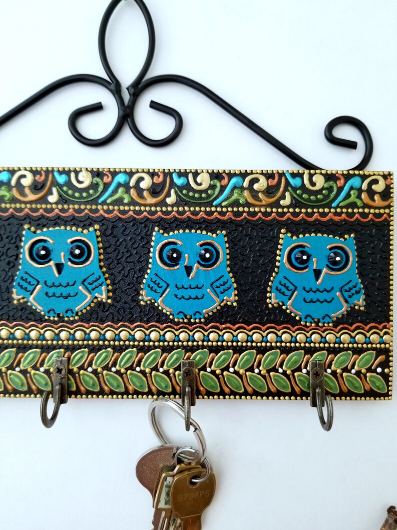 4 Owls Wall Key Holder Owl wall art Wooden Key hanger with Etsy