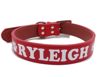 Collar de perro de gato de capa superior impermeable de cuero personalizado rojo básico con nombre gratuito ID de número de teléfono