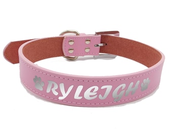 May include: Pink leather dog collar with silver paw prints and the name "RYLEIGH" embossed on it.