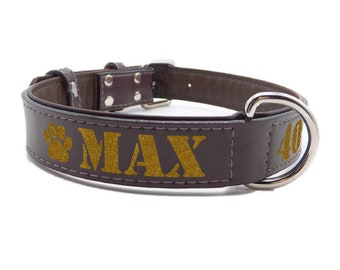 Collar para perro de piel brillante, personalizado, color marrón, acolchado, con identificación gratuita por nombre y número de teléfono.