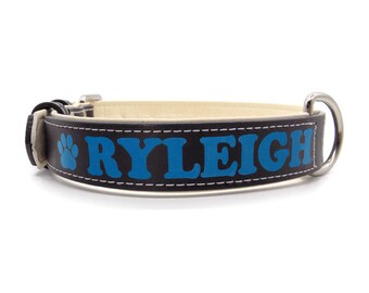 Collar para perro de cuero negro mate personalizado a medida con identificación gratuita de nombre y número de teléfono.
