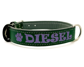 Glitter Green Padded Leather Dog Collar Custom Personalized With Free Name Phone Number ID Safety