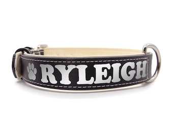 Collar de cuero reflectante para perro, personalizado, negro, acolchado, con nombre, número de teléfono, identificación de seguridad.
