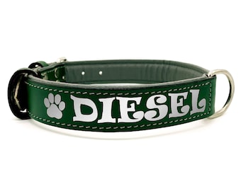 Reflective Green Leather Padded Dog Collar Custom Personalized With Free Name Phone Number ID Safety
