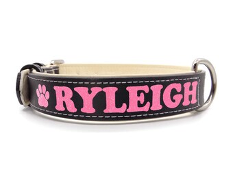 Glitter Custom Personalized Black Padded Leather Dog Collar With Free Name Phone Number ID Safety