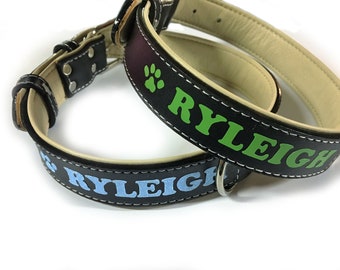 Collar para perro mediano personalizado de cuero negro acolchado con identificación gratuita por nombre y número de teléfono