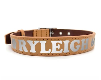 Reflective Tan Custom Personalized Leather Cat Dog Collar With Free Name Phone Number ID Safety