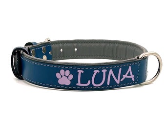 Collar para perro de cuero acolchado azul mate, personalizado con nombre, número de teléfono e identificación gratuitos. Seguridad garantizada.