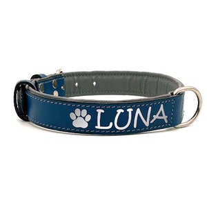 Reflective Blue Leather Padded Dog Collar Custom Personalized With Free Name Phone Number ID Safety