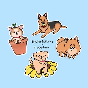Favorite Pups Stickers | Sunflower Planter With Corgi Golden Retriever German Shepherd And Pomeranian