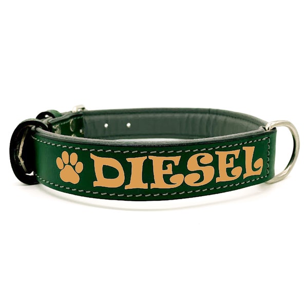 Matte Green Padded Leather Dog Collar Custom Personalized With Free Name Phone Number ID Safety